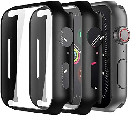 Amazon Com Alinsea Screen Protector For Apple Watch 44mm Series 4 5 6 Se Tempered Glass 2 Pack Full Coverage Bumper Hard Case With Screen Protector Built In Overall Protective Cover Black
