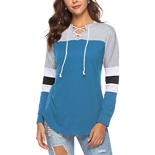 Misaky 2018 Women's Patchwork Shirt Autumn Striped V-Neck Tops Loose Long Sleeve Blouse Blue
