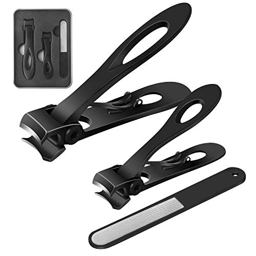 Fingernail and Toenail Clippers Set 15mm Wide Jaw Opening Nail Clippers for Thick Nails Large and Small Sizes Stainless Steel Sharp Nail Cutter with Nail File for Men and Women 3PCS (Black)