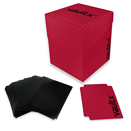Vault X Deck Box and 150 Black Card Sleeves - Large Size for 120-130 Sleeved Cards - PVC Free Card Holder for TCG (Red)