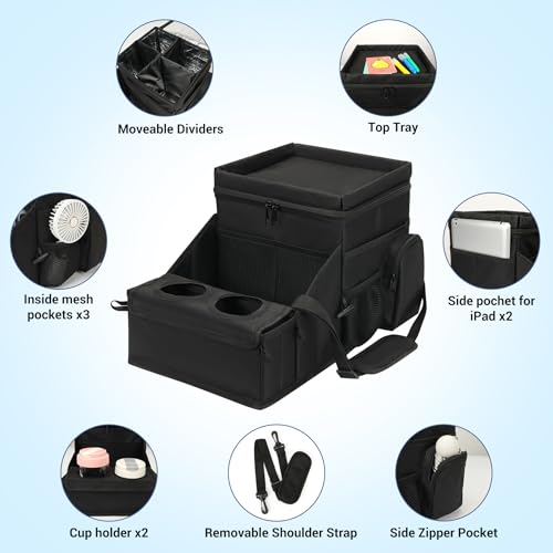 INFANZIA Car Seat Organizer, Backseat Van Organizer with Cup Holders for Car Front Passenger and Back Seat, Carseat Storages with Cooler Compartment for Kids and Adults for Toy, Snacks (Black)