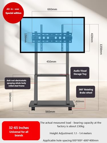 XVersion Mobile TV Stand Cart,Rolling TV Stand with Wheels for 32-65 Inch TV, حامل تلفزيون متحرك Holds up to 115 kg wih 2-tier Shelf,Smart TV Stand Height Adjustable,Portable TV for Conference/Home