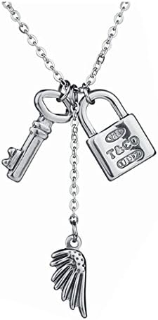 Angel Wings Pendant Necklace For Womens Men Stainless Steel Key Locks Jewelry