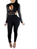 Wuxh Women's Sexy One Piece See Through Bodycon Clubwear Party Romper Jumpsuit (X-Large, Black2)