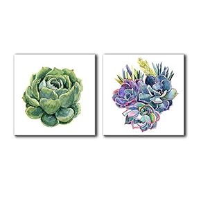2 Panel Square Canvas Wall Art - Watercolor Style Succulent Plant with White Background - Giclee Print Gallery Wrap Modern Home Art Ready to Hang - 12"x12" x 2 Panels