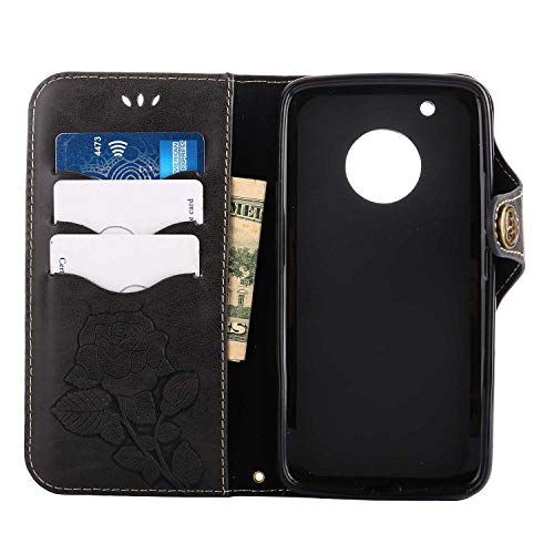 Moto G5 Protective Case, UNEXTATI Vintage Rose Pattern Stand PU Leather Flip Cover, Wallet Case Cover with Hand Strap for Moto G5 (Black) - Thumbnail 6
