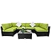 Peach Tree 7 PCs Outdoor Patio PE Rattan Wicker Sofa Sectional Furniture Set with Green Cushion, 2 Pillows and Tea Table