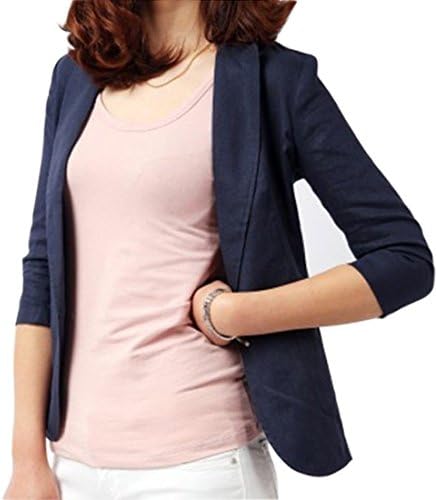Qiuse Women Linen Lapel Slim Suit Coat (Medium, Navy blue)