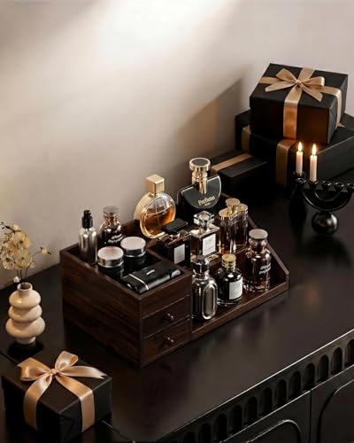ProCase Wooden Cologne Organizer for Men, 3-Tier Elevated Wood Perfume Storage Display Shelf with Drawers, Dresser Storage Stand Riser for Fragrance Skin Care, Gift for Boys Men Dad Husband (Brown)