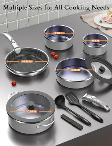 DUXANO Ceramic Pots and Pans Set Non Stick, 2026 Upgraded Hybrid Frypan, 1.5&2 QT Saucepans with Lid, Oil-less Cooking, PFAS Free Non Toxic, Induction Ready,Oven&Dishwasher Safe,Removable Handle,12PC