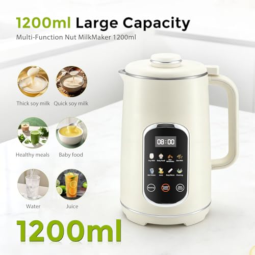 Nastopee Vegetable Milk Machine, 1200 ml Vegetable Milk Machine with Self-Cleaning Function, LED Display, 8 Functions, 12 Blades, Soy Milk, Oats and Nuts Machine