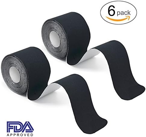 Excellence Medical Kinesiology Sports Support Tape, Waterproof Breathable Elastic Therapeutic Kinesio Muscle Tape for Ankle, Shoulder, Elbow, and Knee Pains, 2"x 16.4', Pack of 6, Black