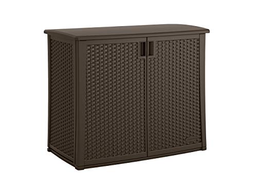 Suncast Elements Outdoor Wide Cabinet - 40" Wide Resin Constructed Patio Furniture Ideal for Decks and Balconies - Contemporary Wicker Design for Outdoor Storage with 97 Gallon Capacity - Brown