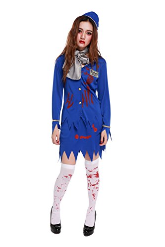 Women’s Zombie Stewardess Costume Bloody Flight Attendant Uniform Halloween Outfit (Medium)