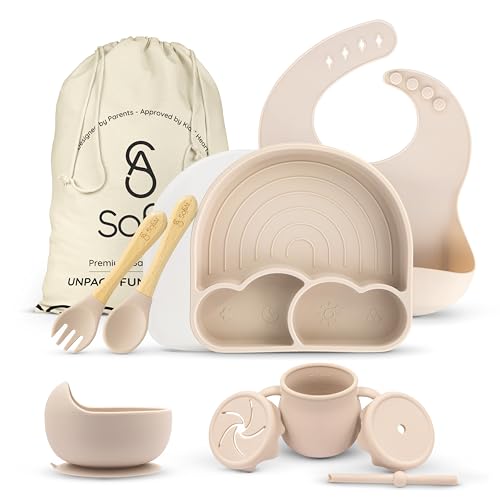 Photo 1 of SofiAl All In One Silicone Feeding Set - Safe for 6-12 Months - Non-Toxic Baby Led Weaning Supplies - Toddler Self Feeding Utensils - BPA-Free - Mess Free Essentials
