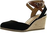 SODA Womens Request Closed Toe Espadrille Wedge Sandal in Black Dark Tan Linen