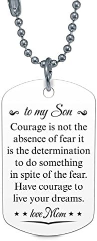 Mama Bear Threads Son Dog Tag Necklace from Mom - to My Son Courage Not Absence Fear Love Mom Dog Tag