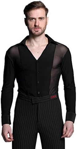 YILINFEIER Men Sexy Transparent Mesh Long Sleeves V-neck Dance Shirts for Ballroom Latin Square Modern Dance Not Include Trousers (M)