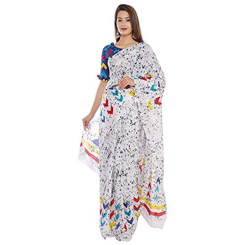 Woman Hand Block Printed Cotton Mulmul Saree with unstitched Blouse (Jaipuri Print)