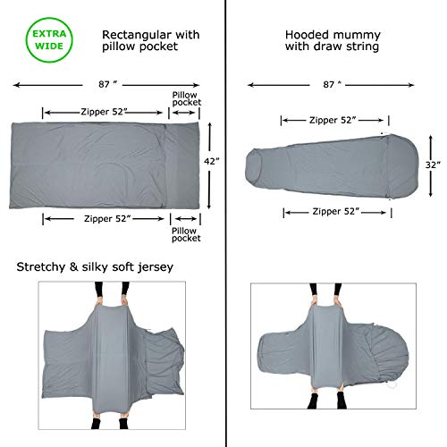 Browint Thermolite Travel Sheet with Double Zippers, 87"x42" Extra Large Sleep Sack for Hotel, Rectangular with Pillow Pocket & Mummy Sleeping Bag Liner for Camping; Breathable Stretchy Thermal Liner