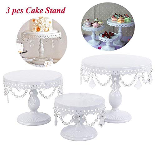 3 Set Metal Crystal Cake Holder Cupcake Stand Cake Dessert Holder with Pendants and Beads,Wedding Birthday Dessert Cupcake Pedestal Display,White (3)