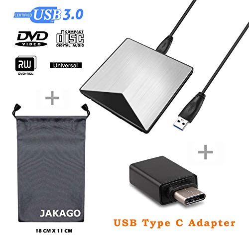 JAKAGO USB 3.0 DVD External Drive CD DVD +/-RW ROM Rewriter Burner Writer with USB Type C Adapter High Speed Data Transfer Portable Optical Drive for Windows10/8/7/XP/Mac/Linux/OS All Type C Device