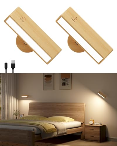 DetarZinLED Wall Lamp with USB Charging Battery, Rechargeable Bedside Lamp, Adhesive Interior Wall Lamps for Bedroom without Cable (Beech Wood, 2 Pcs)