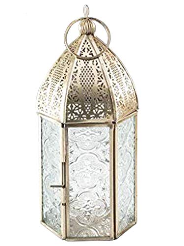 Klass-Home-Collection-Moroccan-French-Style-Aged-Brass-Patterned-Glass-Lantern-Tealight-Candle-Holder-Metal-Clear-Medium-21x8cm