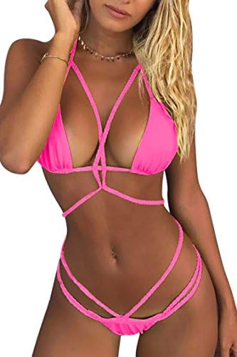 Womens Bandage Halter Brazilian Triangle Bikini Set Swimsuit Rose Red L