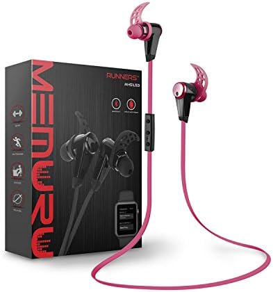 Memuru Runners Wireless Bluetooth Sport Headphones Apple Watch Ready, 8 Hours Play, Durable Sweat Proof Exterior - 5 Colors, 3 Sizes Earbuds, 3 Sizes Wings [PINK]