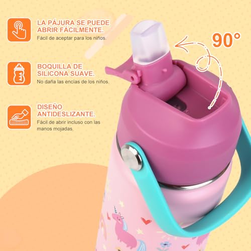 CHARMDOMI Termos para Agua Niños,Botella de Agua 18 oz,Thermos Kids Rosa/Azul/Amarillo/Verde,Acero Inoxidable Doble Capa con Popote,Termo y Botellas Frio y Caliente (Rosa)