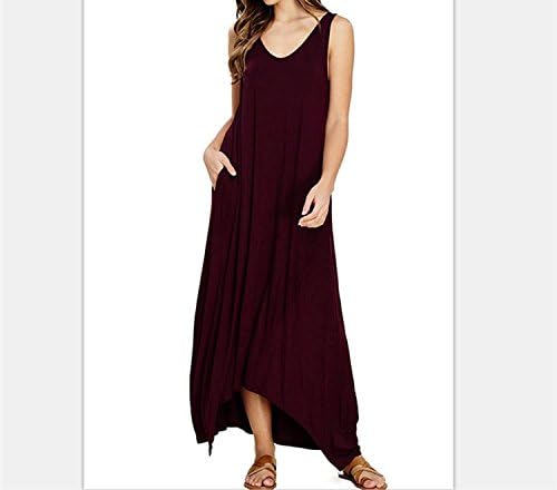 Stjeny Elegant Pure V-Neck Long Pocket Tank Dress,Red Wine,XL