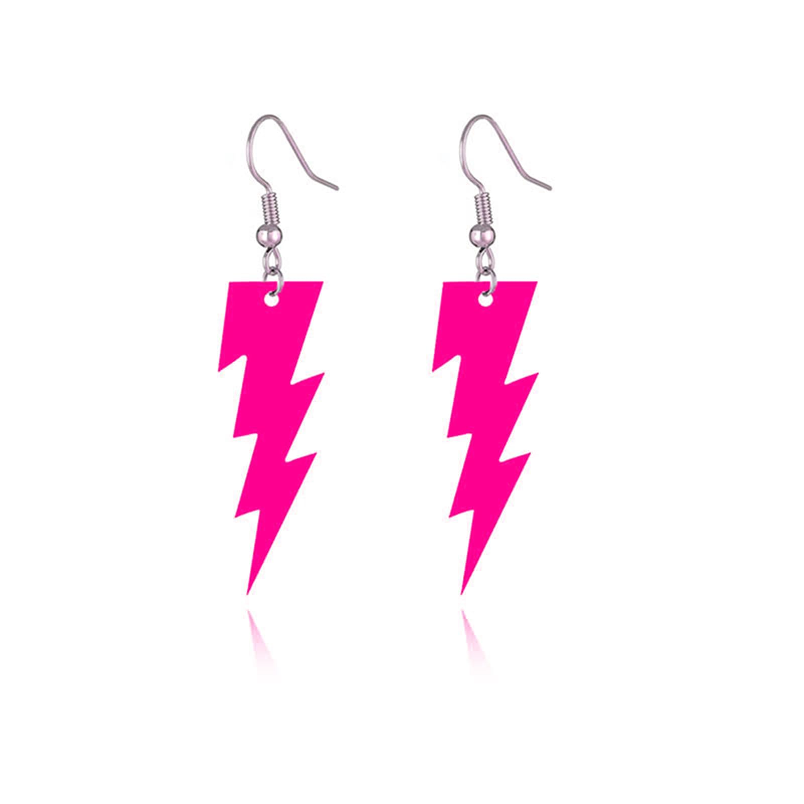 Photo 1 of 80s Neon Earrings Hollow Lightning Bolt Earrings Halloween Punk Retro Dangle Drop Earrings for Women 80s Theme Party Costume Accessories Halloween Jewelry (Rose Red)