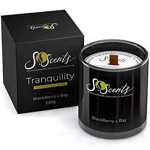 Natural organic non toxic scented soy candles | Vegan wood wick long lasting hand poured soy candle | Aromatherapy gluten free with essential oil scent and luxury (Blackberry & Bay)