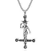 Inverted Pentagram Baphomet Goat Necklace Stainless Steel Satanic Upside Down Cross Necklace, Satanism Satan Demon Devil Lucifer Sulfur Pendant Punk Gothic Jewelry for Men Women, 24 inc Chain