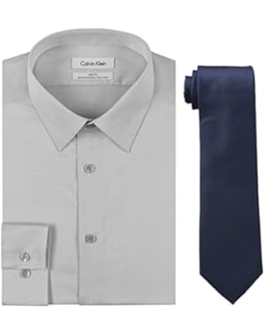 Calvin Klein Men's Slim Fit Herringbone Dress Shirt and Silver Spun Tie Combo