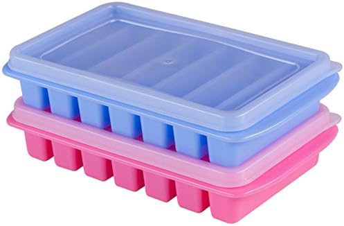 Polar Vortex Mini Ice Cube Trays + Lids - Water Bottles, Dorm Fridge, RVs, Campers and Truckers - No Spill Cover - Stackable (Blue &amp; Pink)