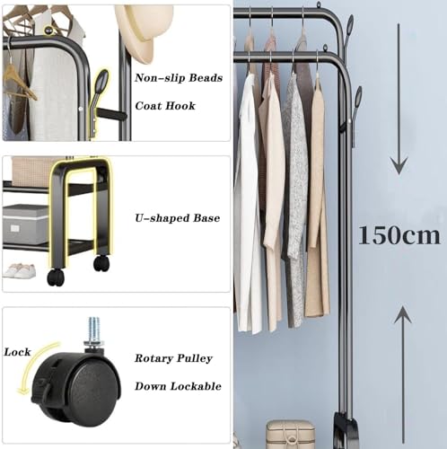 ORCHID M® Double Rod Clothing Rack with Wheels,Heavy-Duty Clothes Hanging Rack with Lockable Wheels for Bedroom, Free-Standing Closet Organizer with Storage Shelves, Entryway, and Office