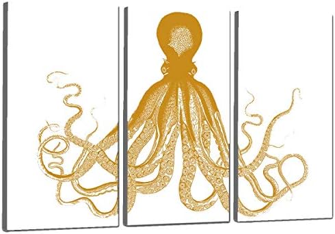 Canvas Print - Octopus Canvas Art Octopus Artwork Decor by for Home, Sea Creatures Sea Life Nautical Gold Octopus Against White Background, Ready to Hanging - 16x32 Inch Each Panel- 48x32 Inch Total