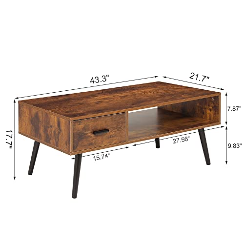 Iwell Mid Century Coffee Table with Drawer and Storage Shelf for Living