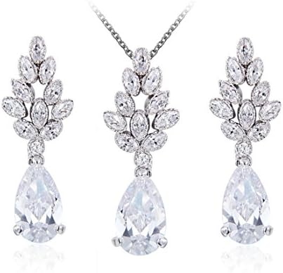Wordless Love Genuine Rhodium Plated Women Wedding Necklace and Earrings Set with Pear-Shaped Drops