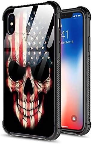 iPhone X Case,iPhone Xs Case,Slim Tempered Glass Back Cover Silicone Bumper Frame Shockproof Anti-Scratch Cover Case for Apple iPhone X/XS American Flag Skull