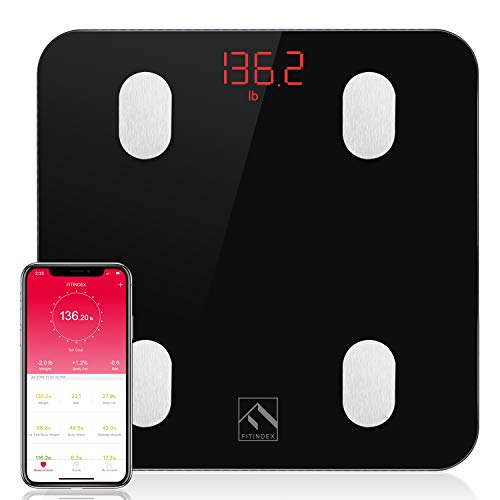 FITINDEX Bluetooth Body Fat Scale, Smart Wireless BMI Bathroom Weight Scale Body Composition Monitor Health Analyzer with Smartphone App for Body Weight, Fat, Water, BMI, BMR, Muscle Mass - Black