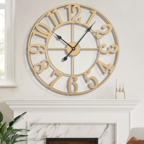 LEIKE Large Wall Clock - 24" Retro Gold Metal,Arabic Numbers,Silent Non-Ticking,Battery Operated, Oversized Decorative Wall Clocks for Living Room, Dinner Room, Office,Farmhouse Indoor Outdoor Decor