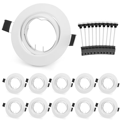 Leselux GU10 Recessed Spotlight Set, 10 Pieces White Spotlight Frame with GU10 Socket, Round Mounting Frame Spotlight, 60° Swivel, Mounting Hole Diameter 68-80 mm, 230 V, for LED or Halogen Lamps