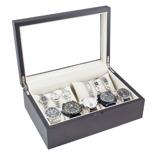 Caddy Bay Collection Dark Walnut Wood Watch Case Display Storage Box with Glass Viewing Top
