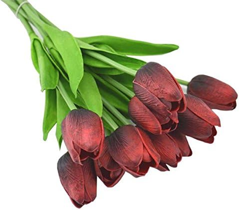 10" REAL TOUCH Mini Tulips Spring Flowers for Home decor, wedding bouquets, and centerpieces (24 PCS) (Dark Red)