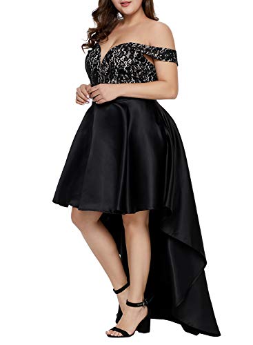 Elapsy Womens Sexy Elegant Lace Off Shoulder Formal High Low Deep V Neck Party Long Dress Wedding Gown Plus Size Black X-Large - Thumbnail 5