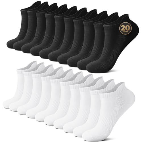 Falary Sneaker Socken Herren Damen Kurzsocken Baumwolle Atmungsaktive Sportsocken Laufsocken Anti-Schweiß Outdoor Running Socken Schwarz Weiß, 47-50,20 Paar