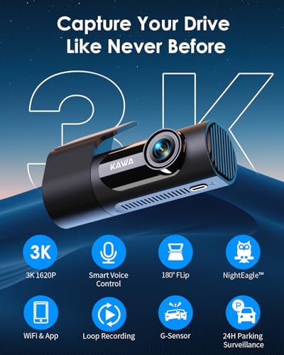 KAWA Dashcam Avant 3K,Rotation 360°,Commande Vocale,Caméra de Voiture WiFi | Mode Parking 24/7,G-Capteur,Vision Nocturne,Enregistrement en Boucle,Contrôle App,Carte TF 32Go,Camion,SUV,Camping-car